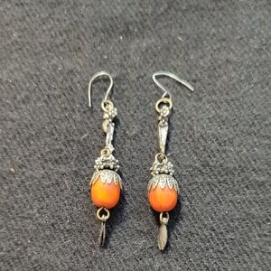 Silver Tone Orange Beaded Floral Acorn Dangle Statement Earrings